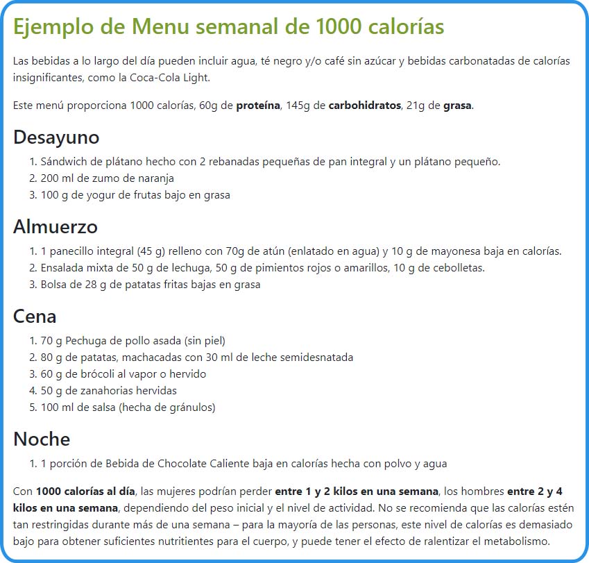 Ejemplo de menú semanal dieta hipocalorica 1000 calorias